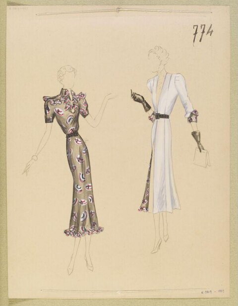 Two Vintage Dress Fashion Sketches