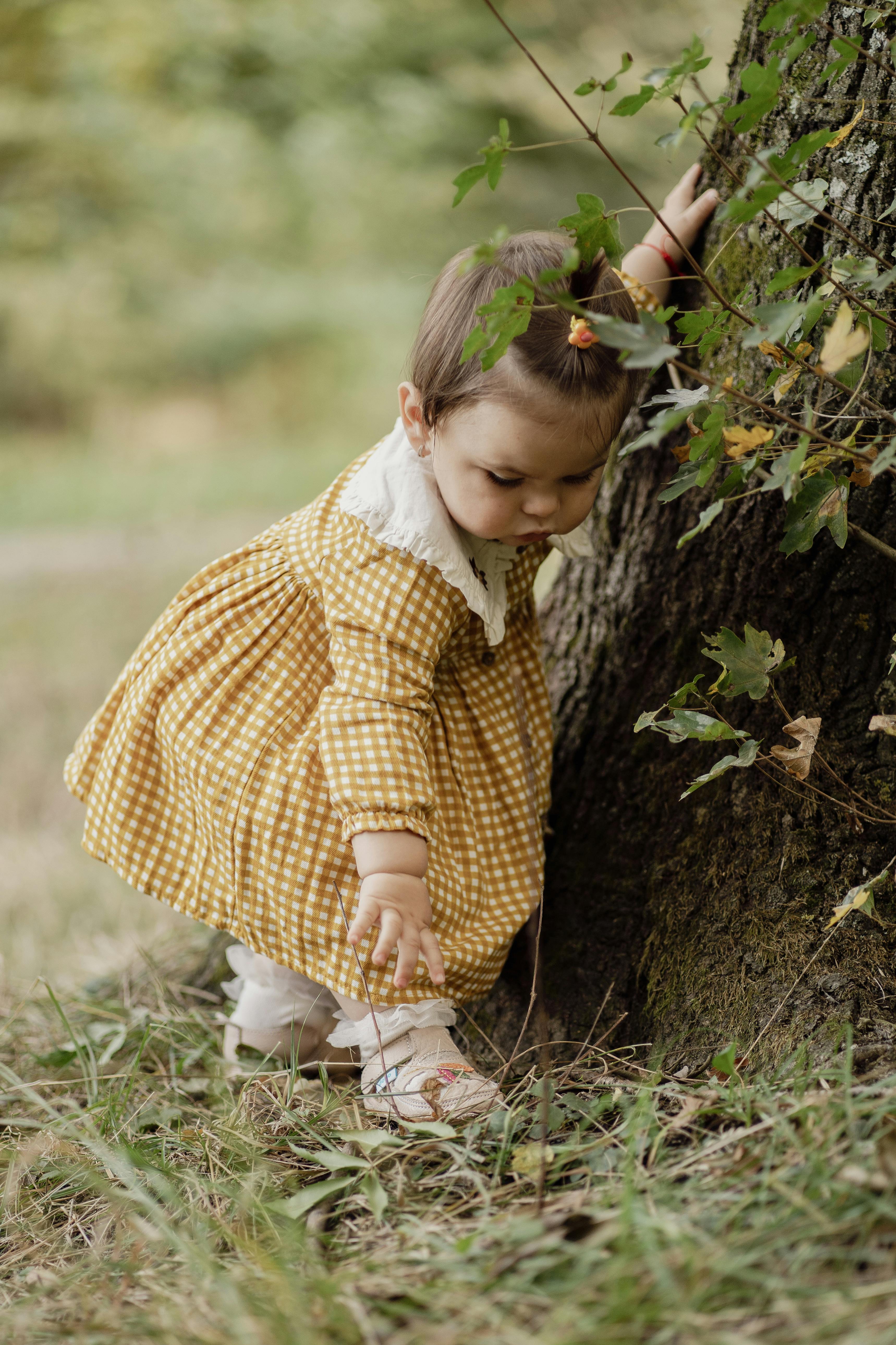 Toddler Exploring Near Tree Base