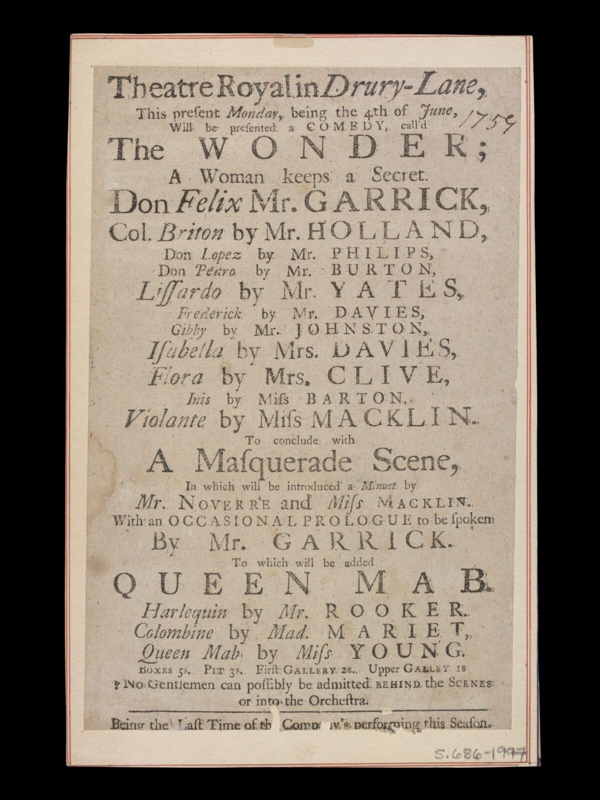 1759 Drury Lane Theatre Playbill