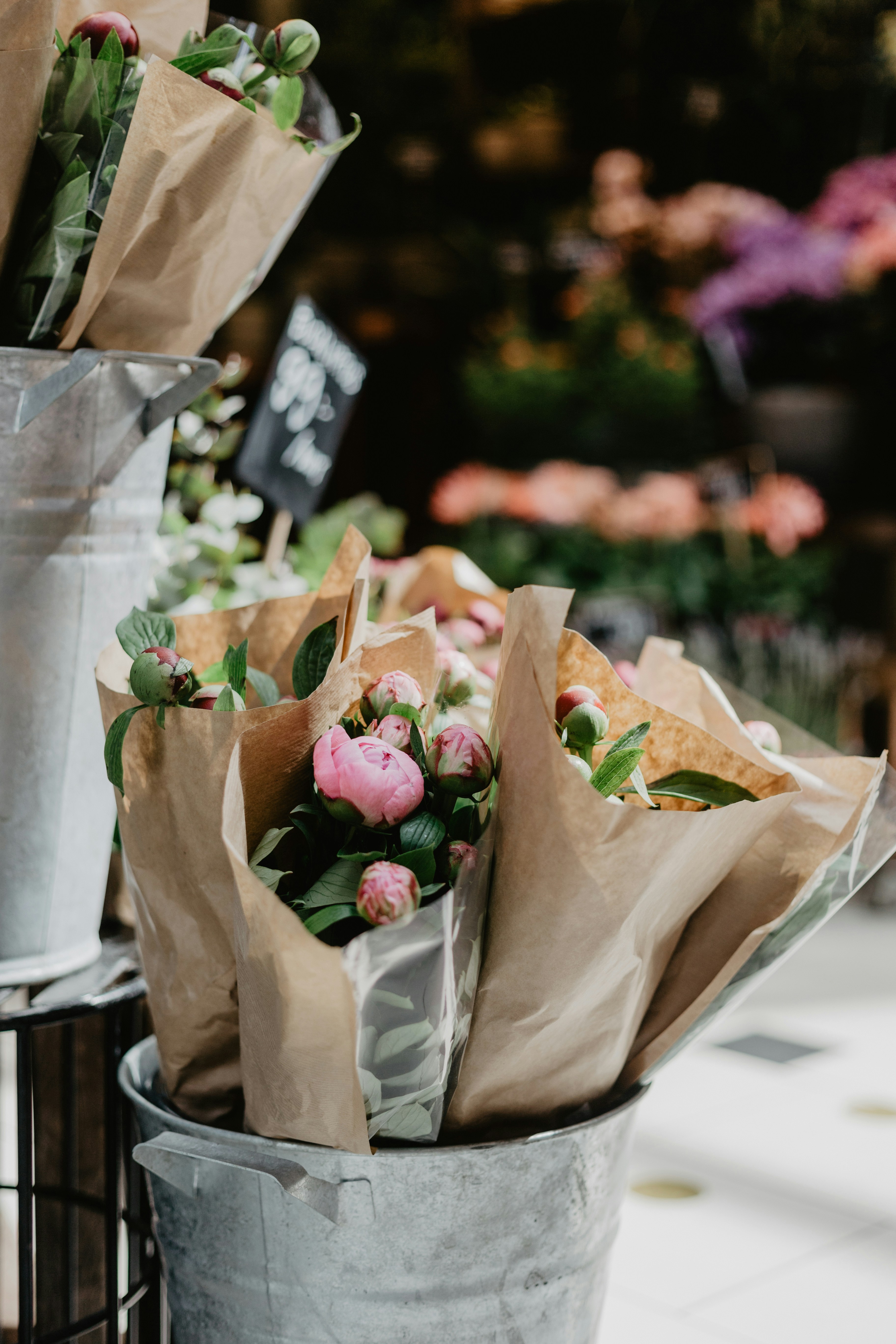 Peony bouquets at flower shop