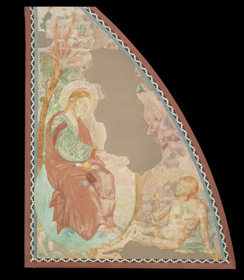 Religious Watercolor of Christ and Nude Man