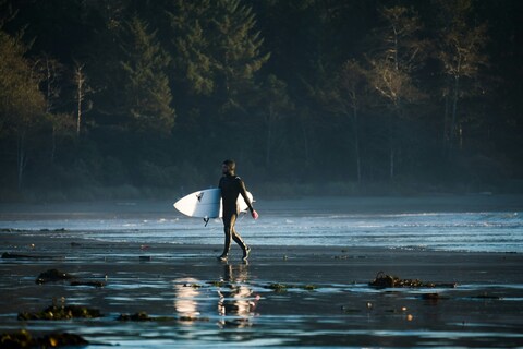 Surfer Walking on Beach With Surfboard