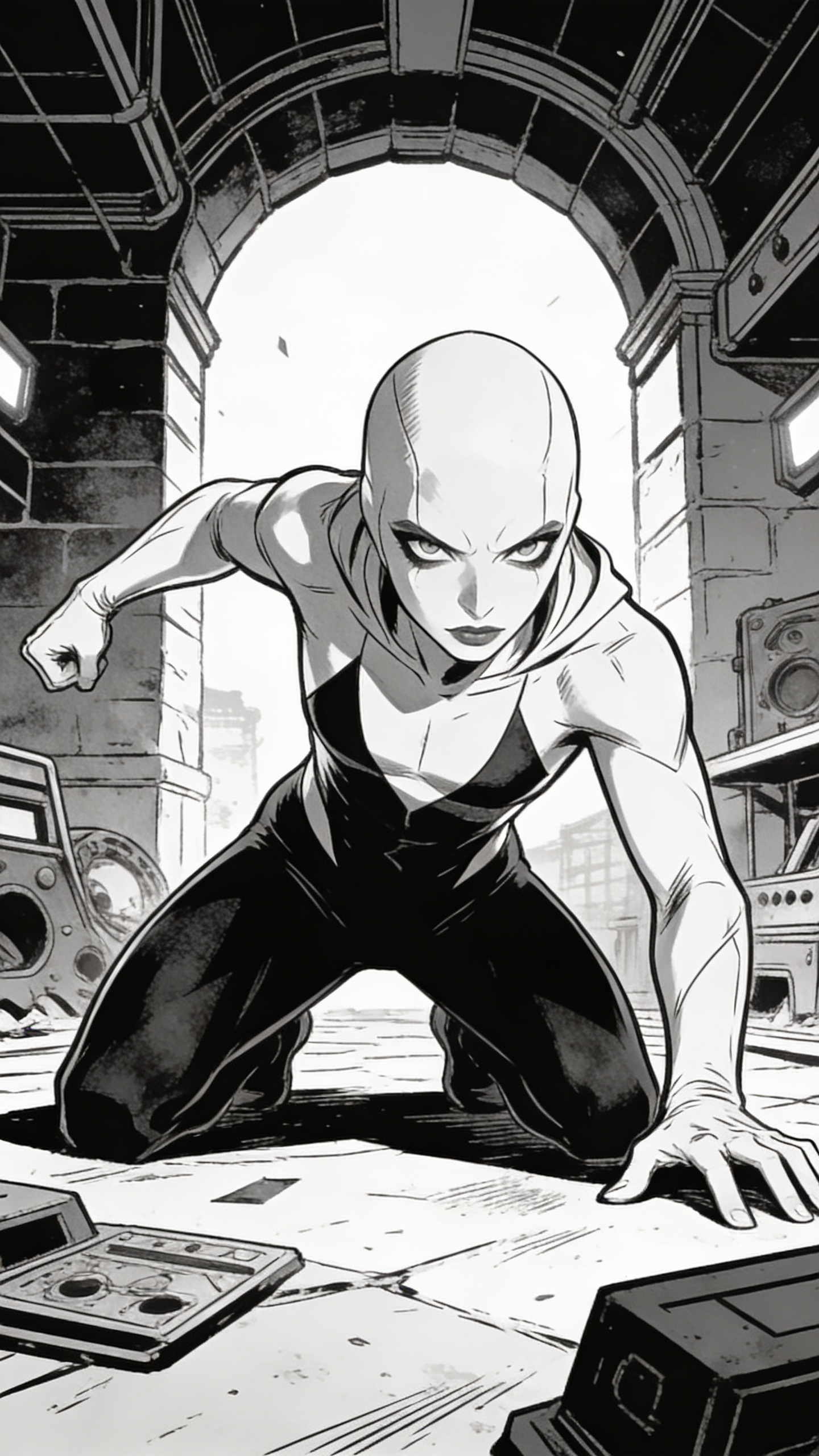 Bald Female Fighter in Crouched Combat Stance