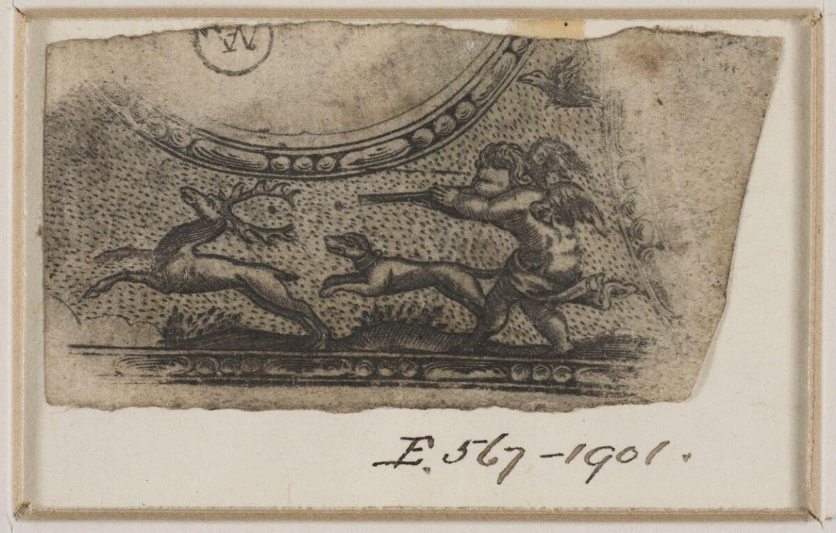 Antique Putti Deer Hunt Engraving Fragment