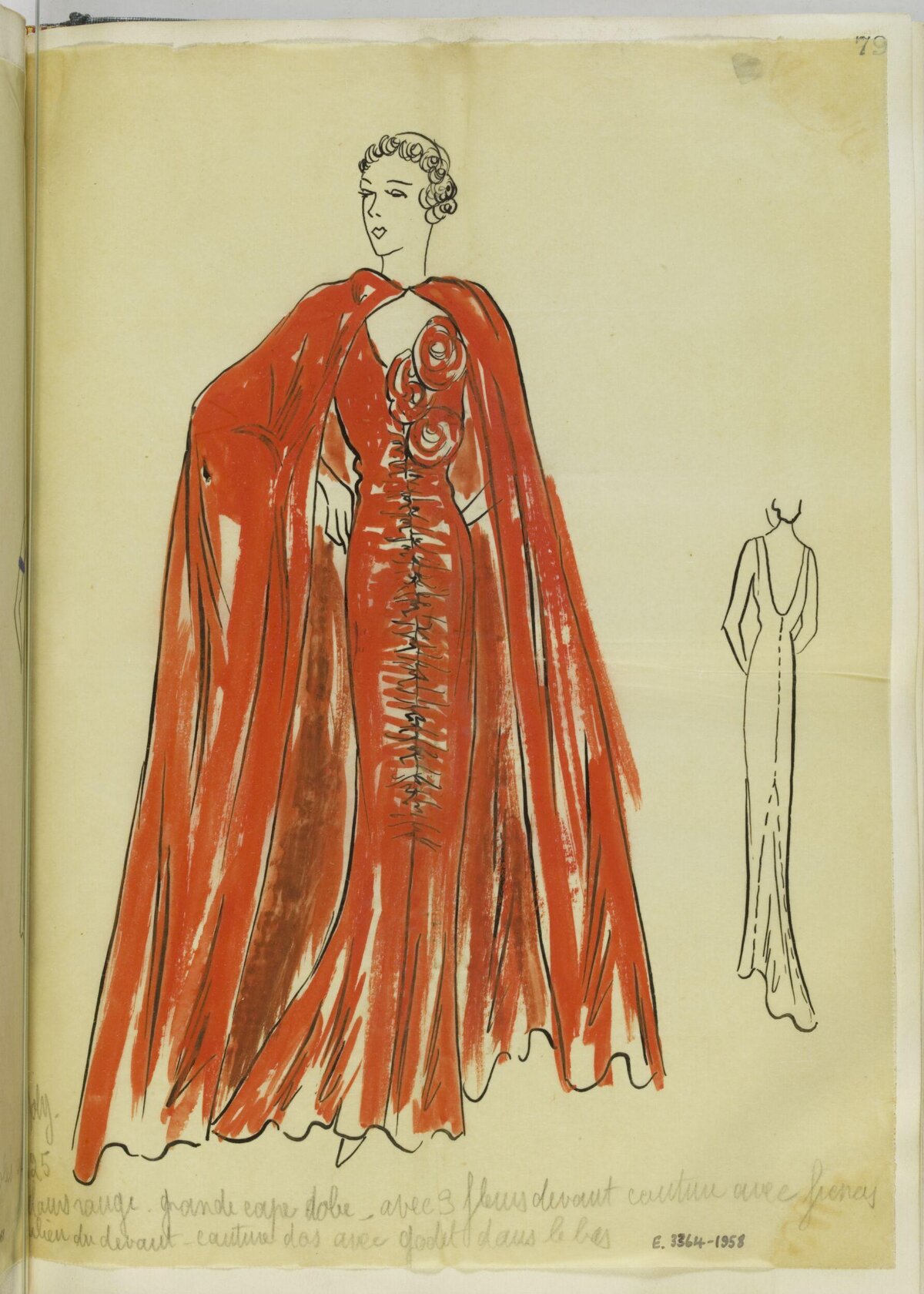 Vintage Red Gown Cape Fashion Sketch