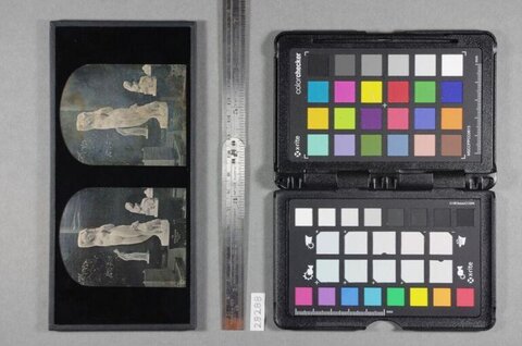 Vintage stereoview card with color checker