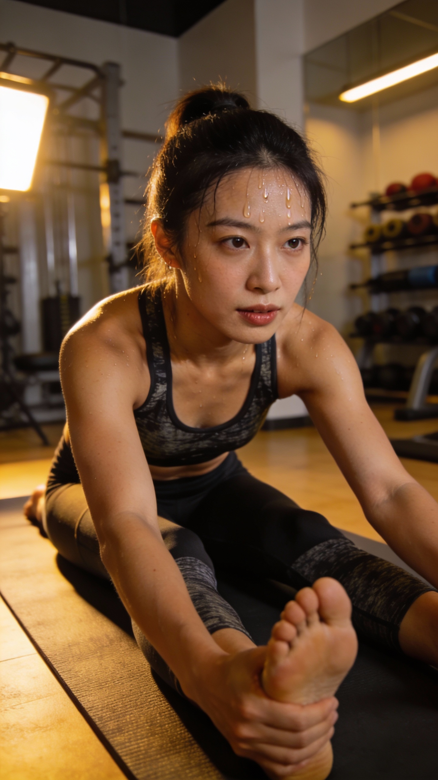Sweaty Woman Stretching in Gym