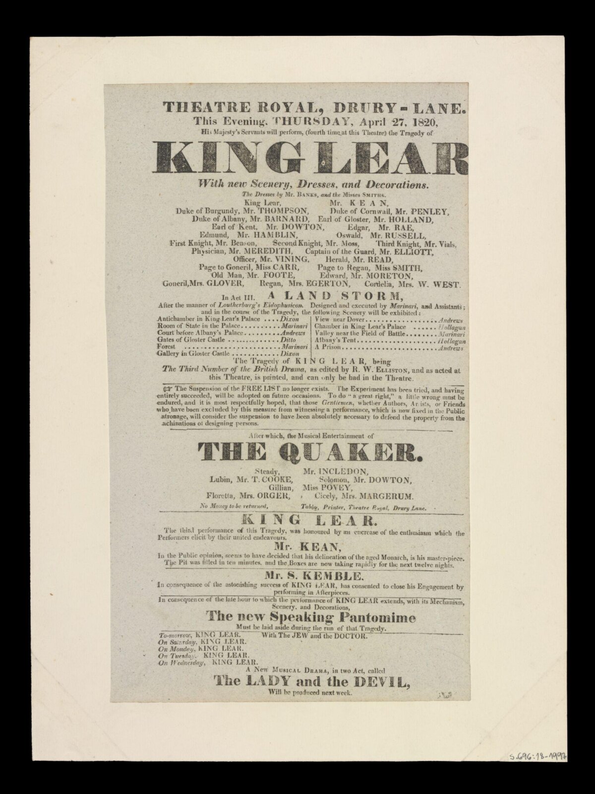 1820 King Lear Theatre Playbill