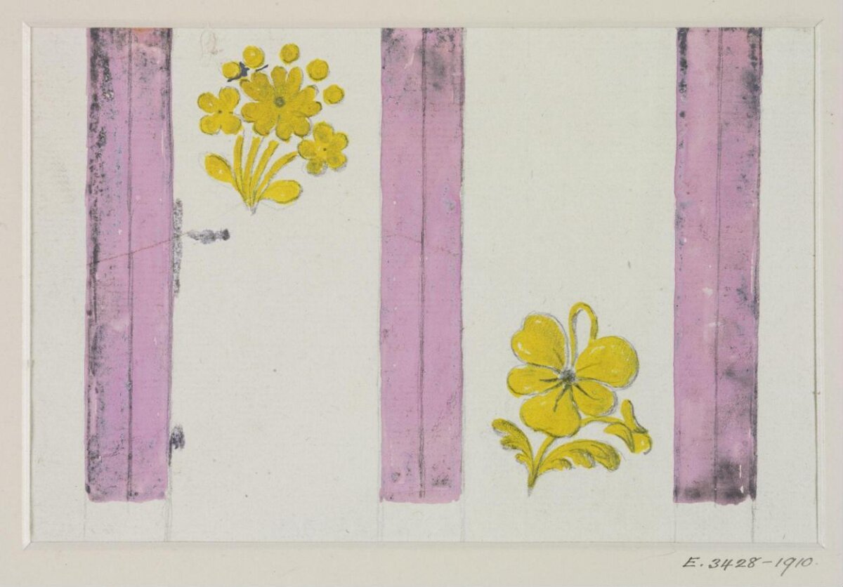 Textile design sketch with yellow flowers and pink stripes