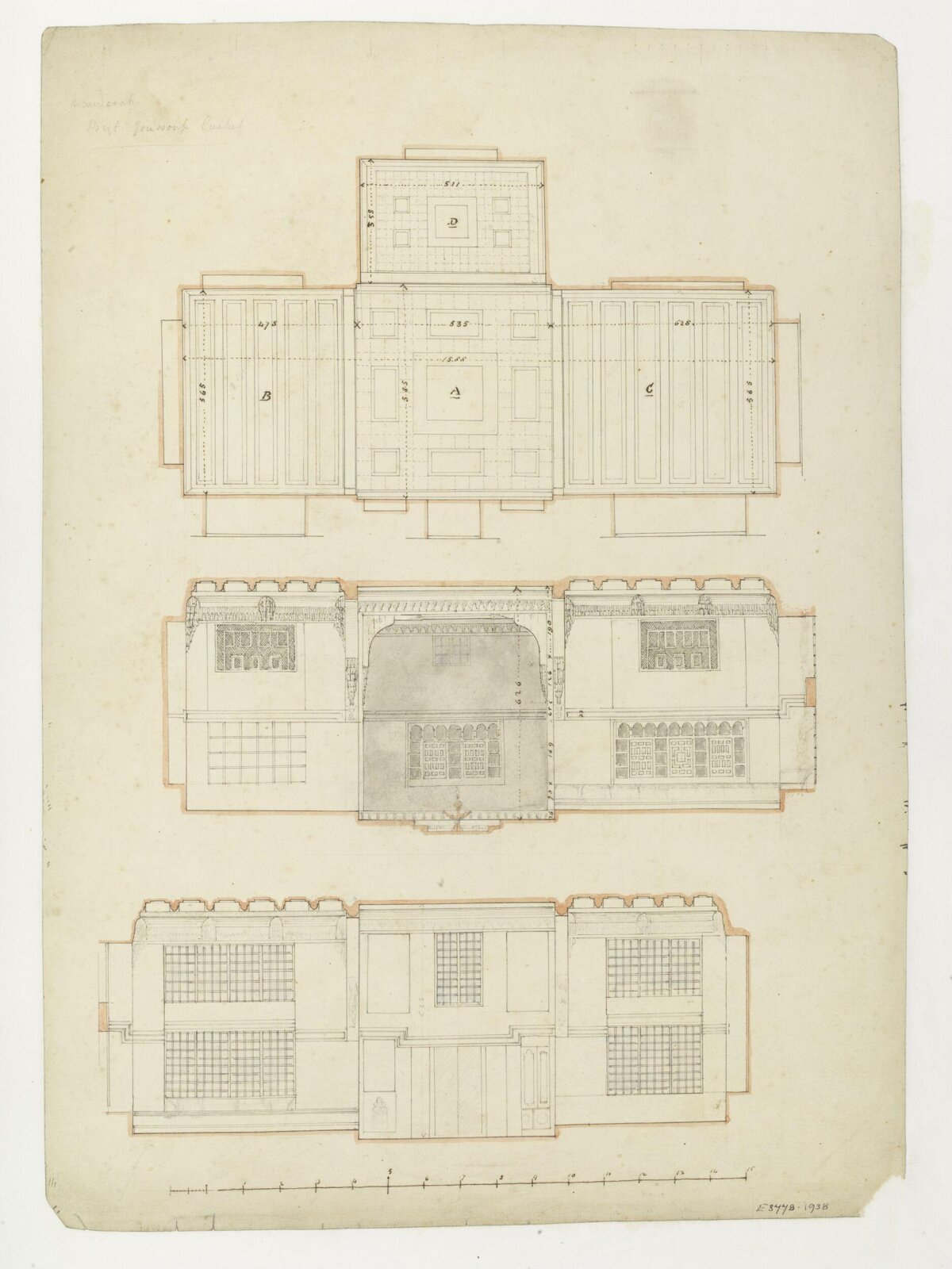 Hand-Drawn Building Floor Plan and Elevations