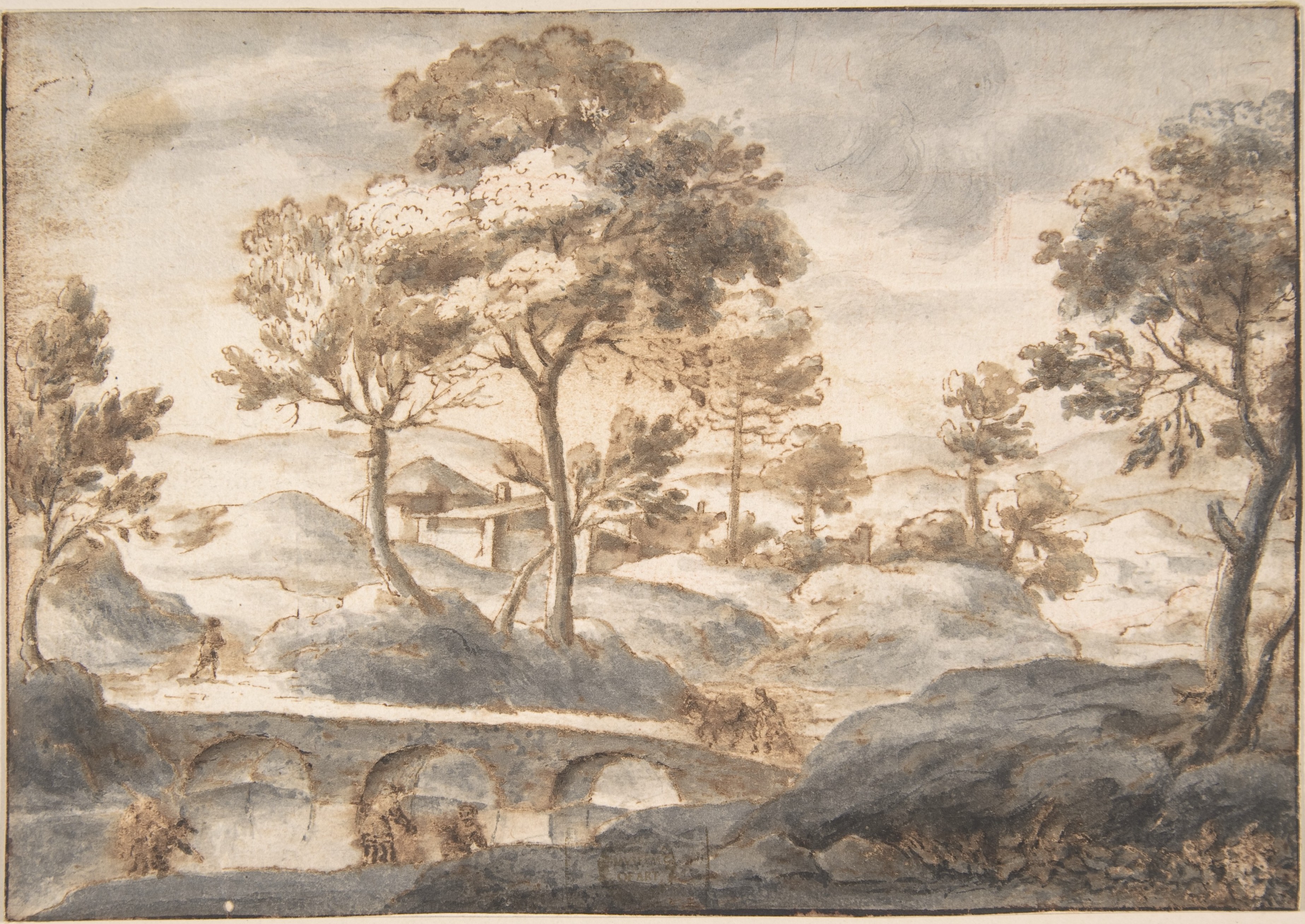 Watercolor Landscape with Stone Bridge