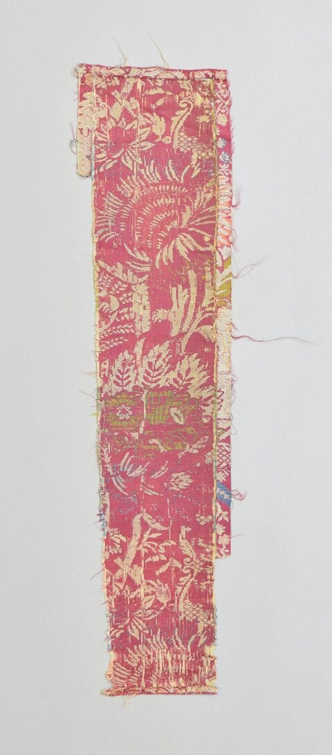 Antique Red Floral Woven Fabric Fragment