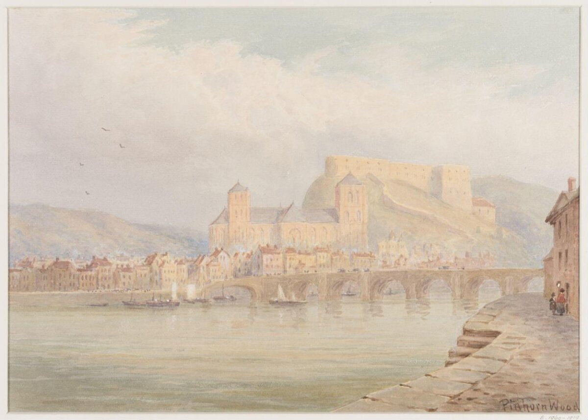 Riverside Castle Town Watercolor Landscape