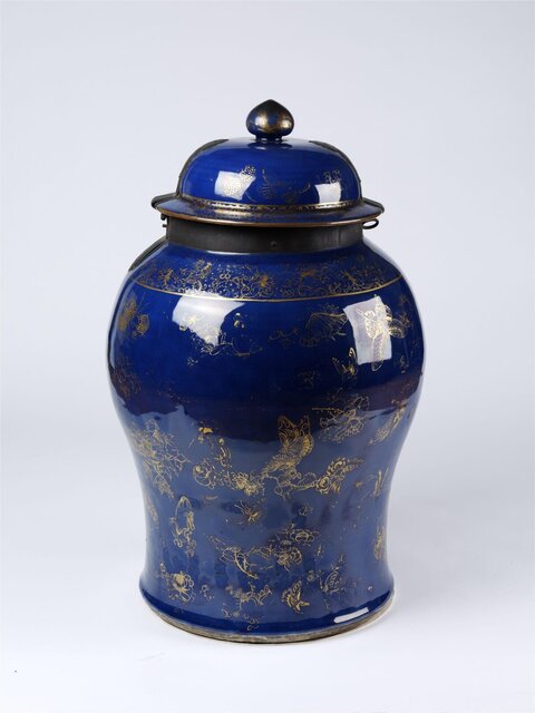 Blue Glaze Gilded Covered Porcelain Jar
