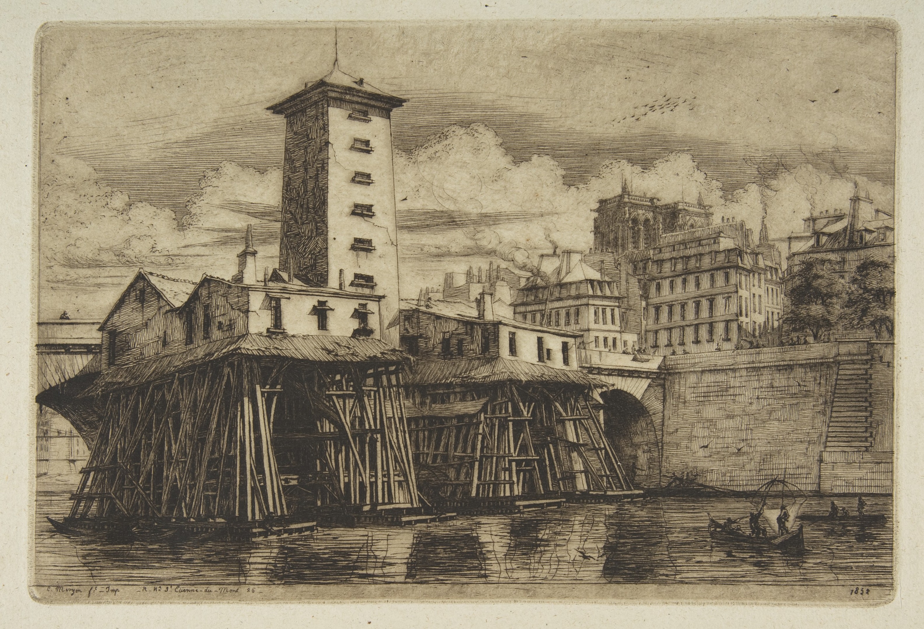 Paris Seine Riverside Tower Etching