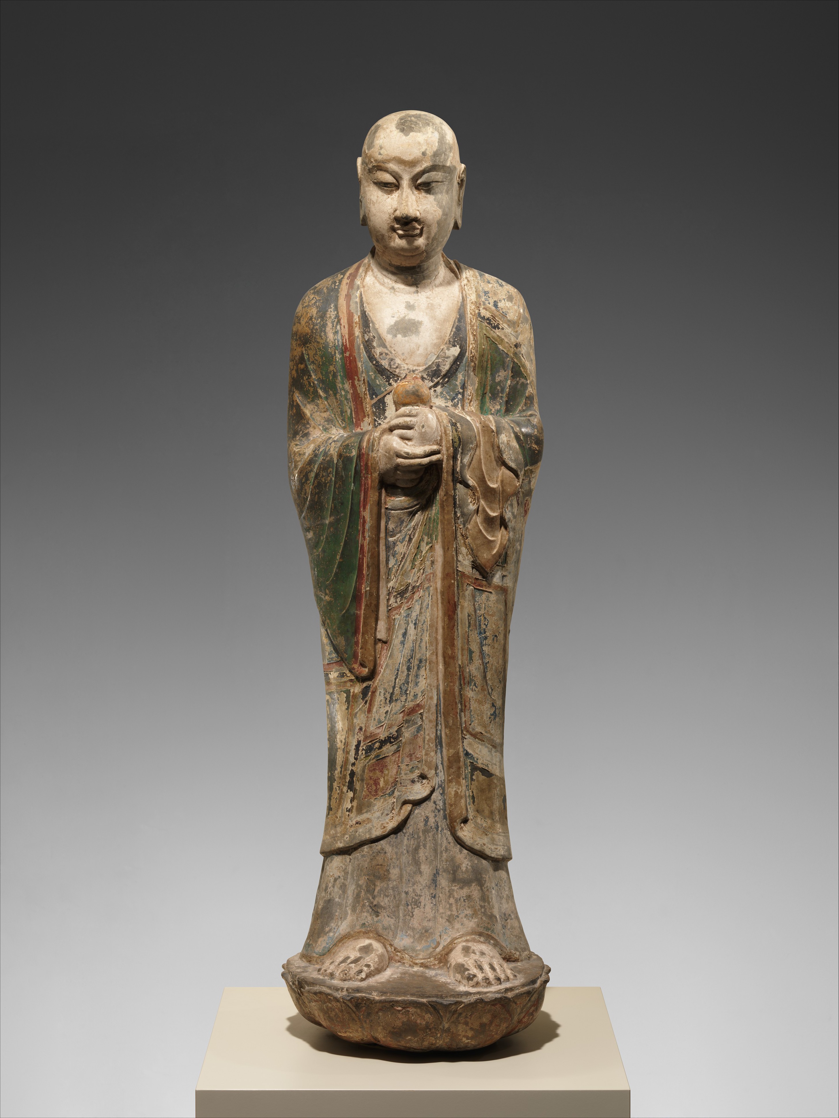 Ancient Painted Arhat Standing Statue