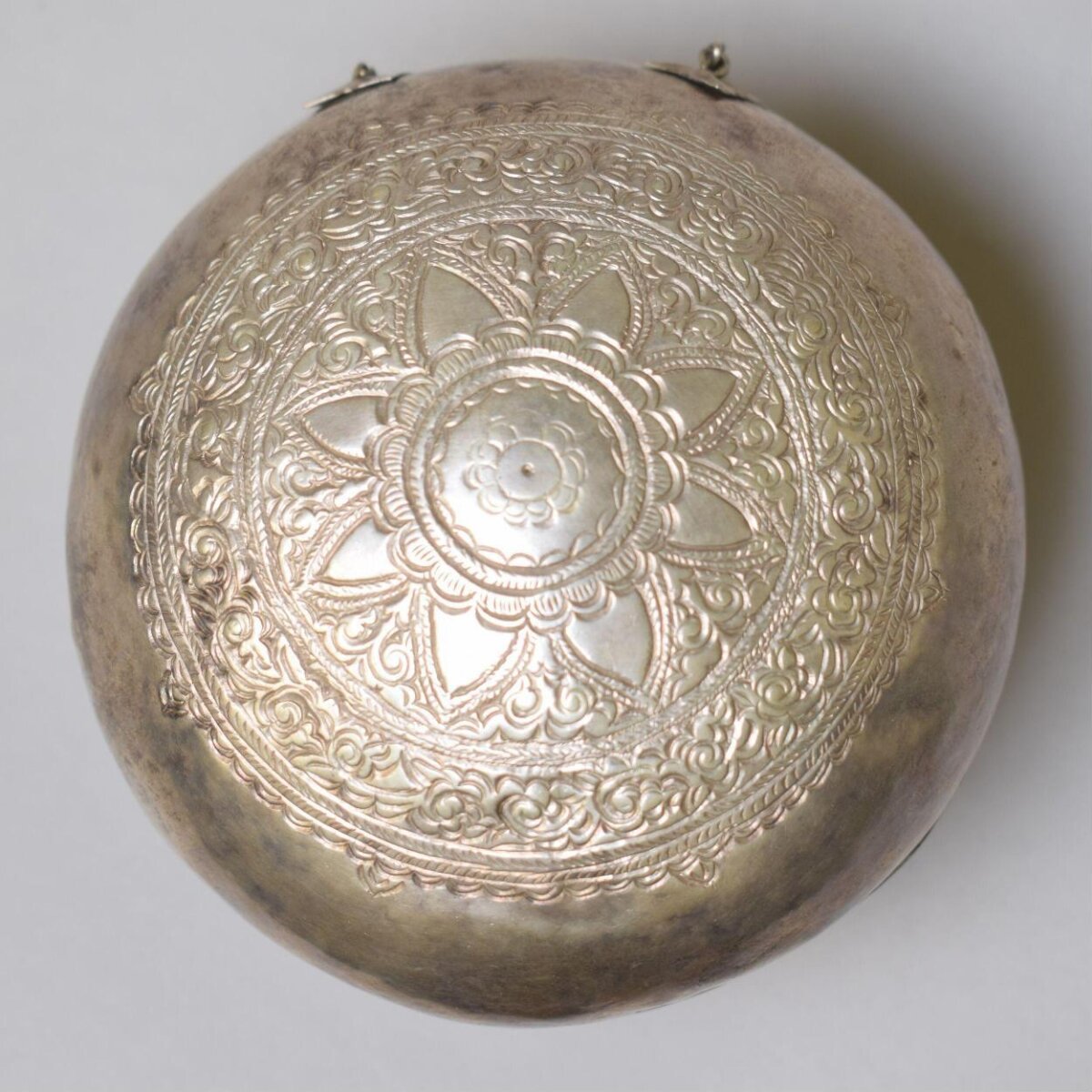 Engraved Silver Round Vessel