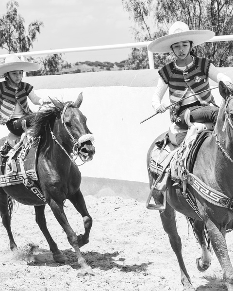 Two Young Riders Galloping on Horseback
