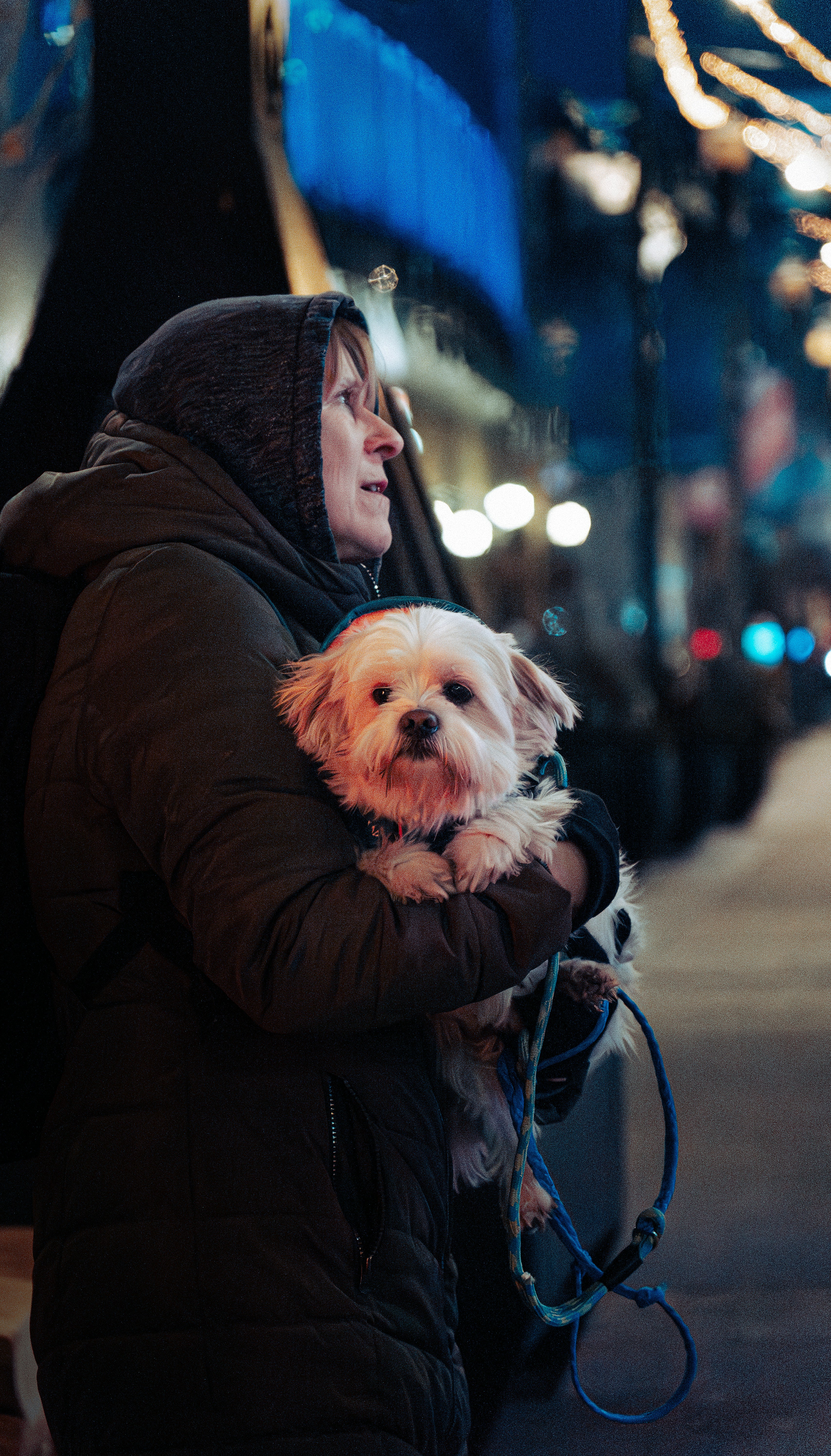 Woman Holding Dog on Night City Street