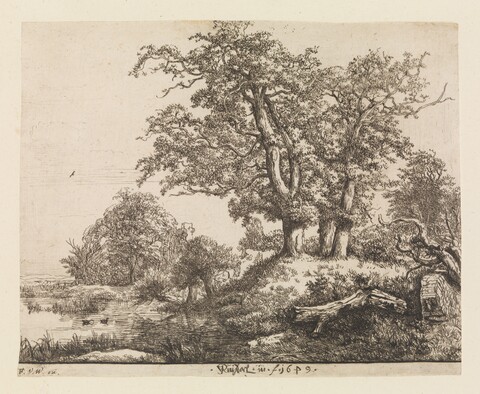 Wooded Riverside Landscape Etching