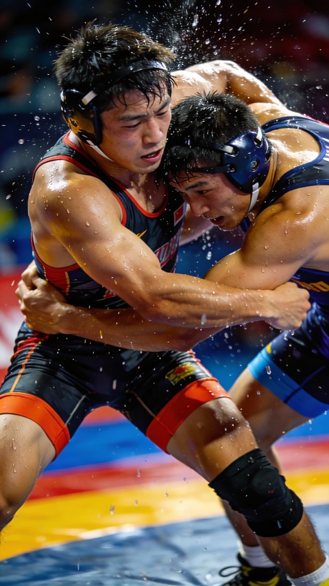 Intense Wrestling Match Between Two Wrestlers