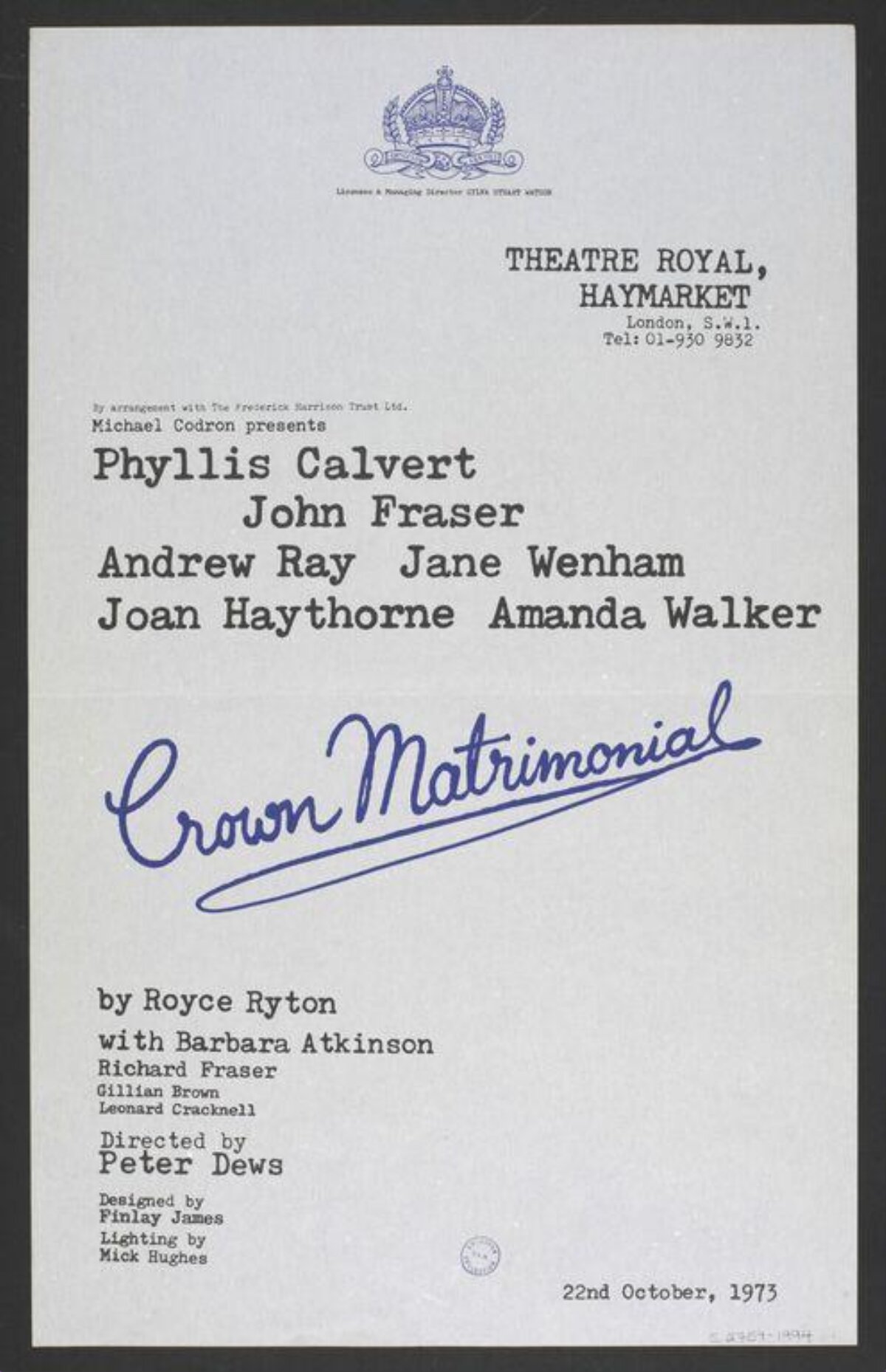 1973 Crown Matrimonial Theatre Playbill