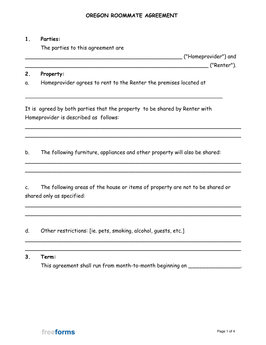 Oregon Roommate Agreement Template