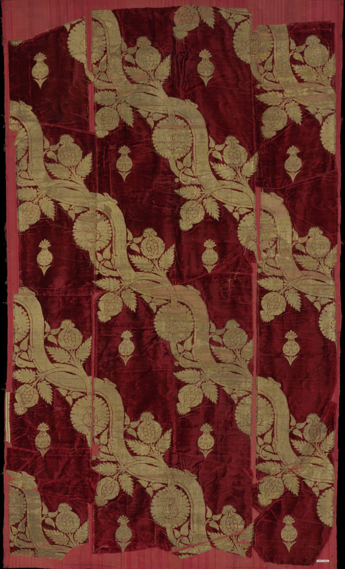 Red Velvet Gold Patterned Textile Fragment