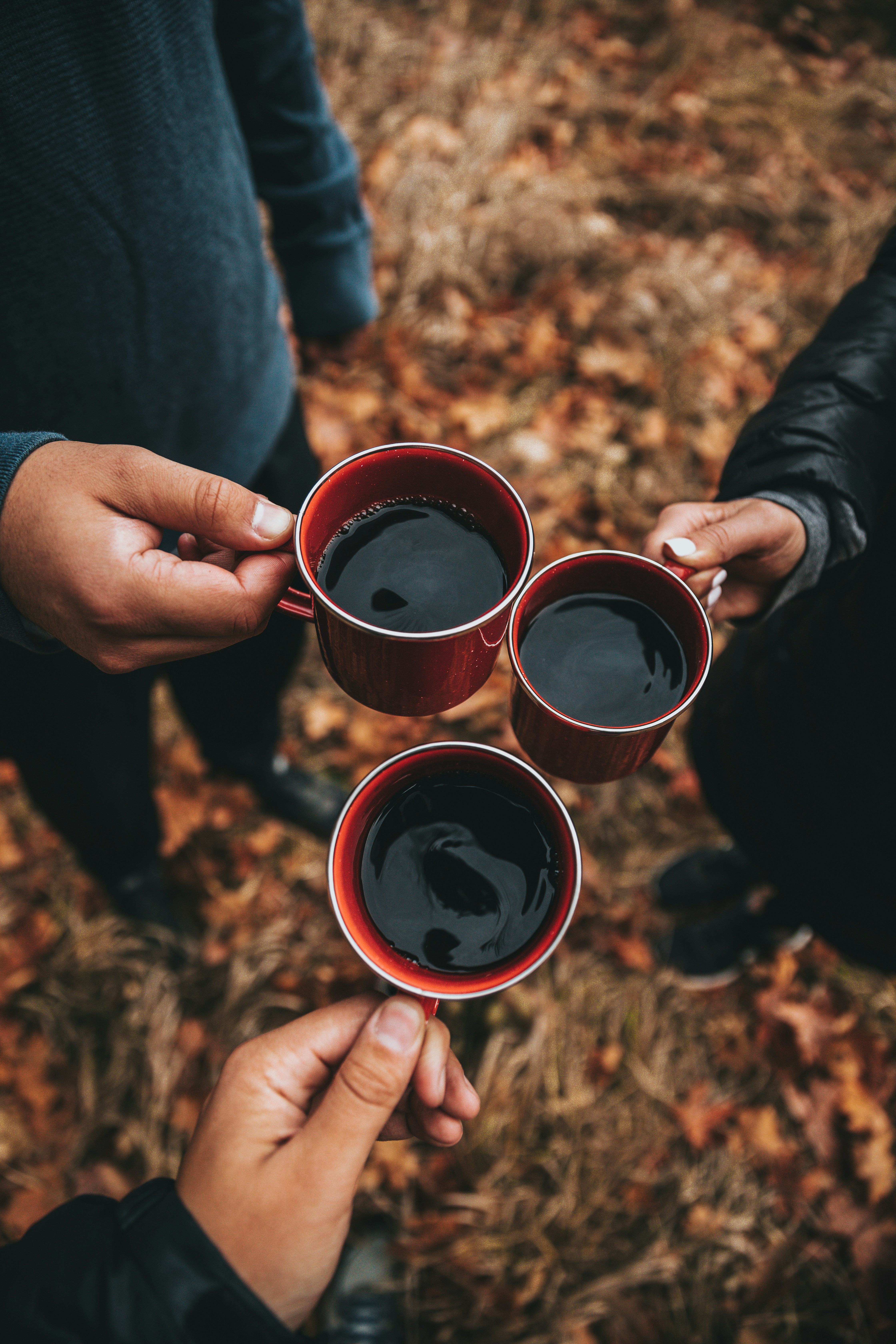 Three People Toasting Coffee Outdoors
