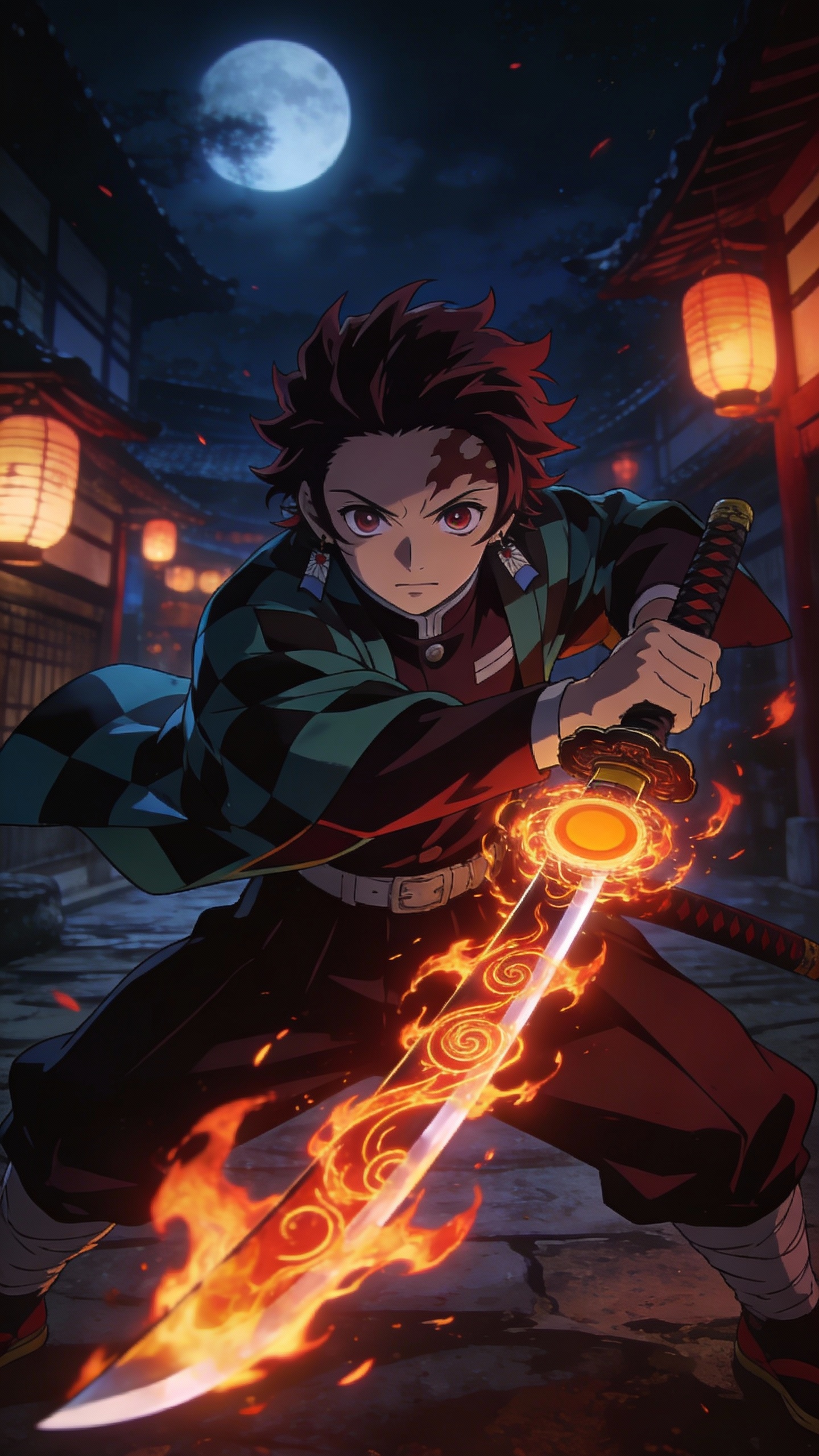 Tanjiro With Flaming Sword at Night