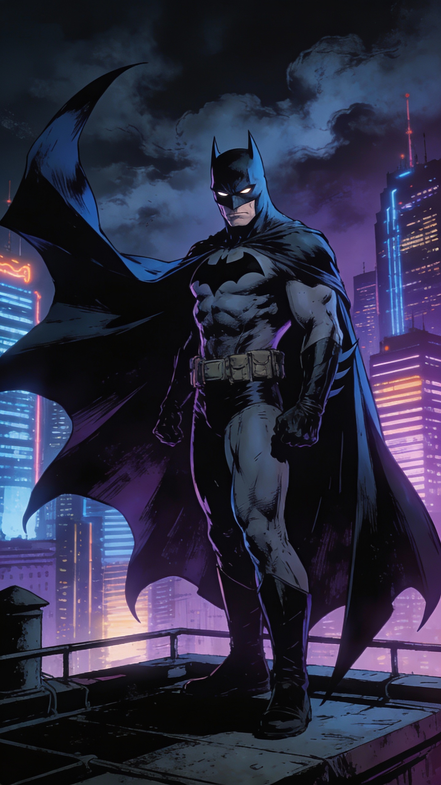 Batman Standing on Gotham Rooftop at Night