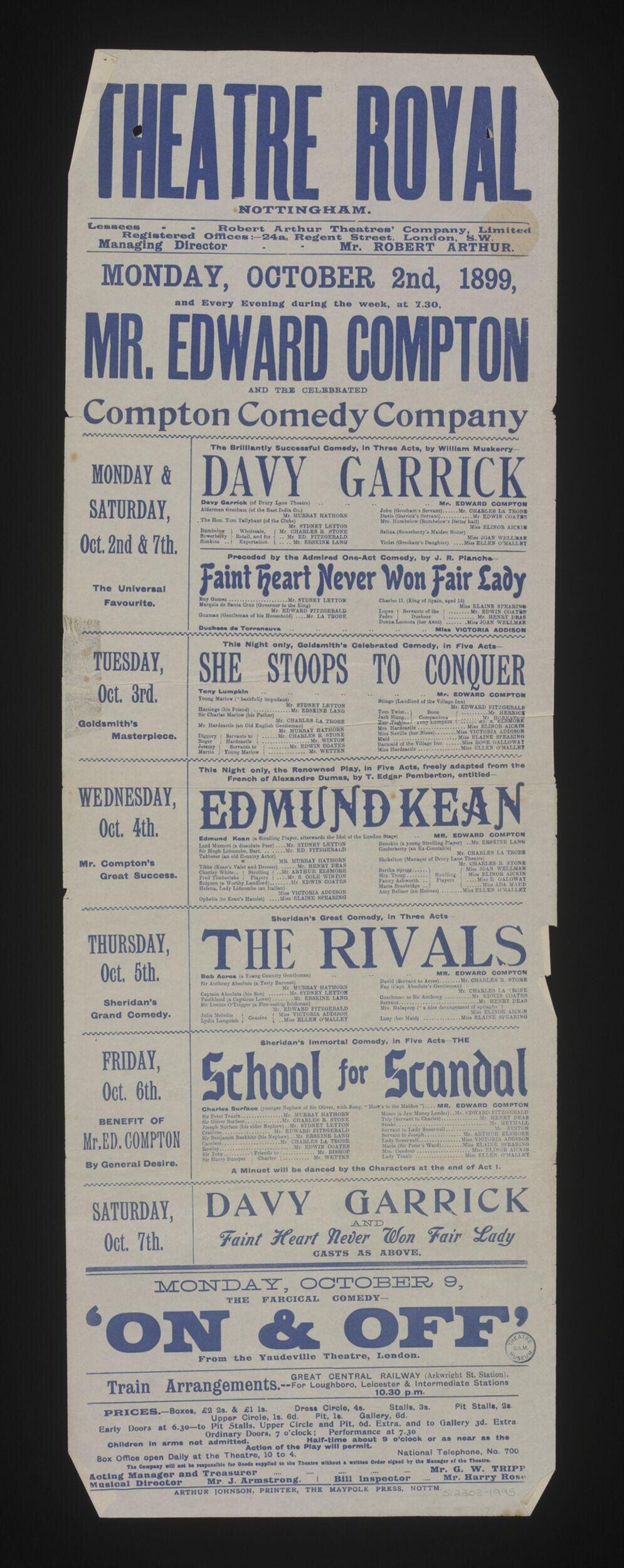 1899 Theatre Royal Playbill