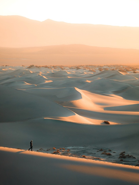 Lone Walker on Desert Sand Dunes