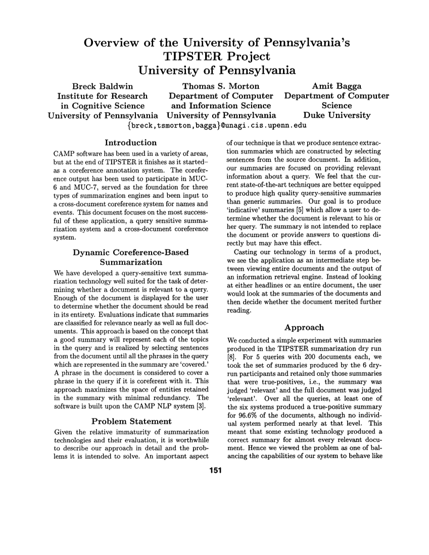 Overview of the University of Pennsylvania’s TIPSTER Project