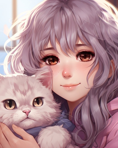 Anime Girl Holding Fluffy White Cat