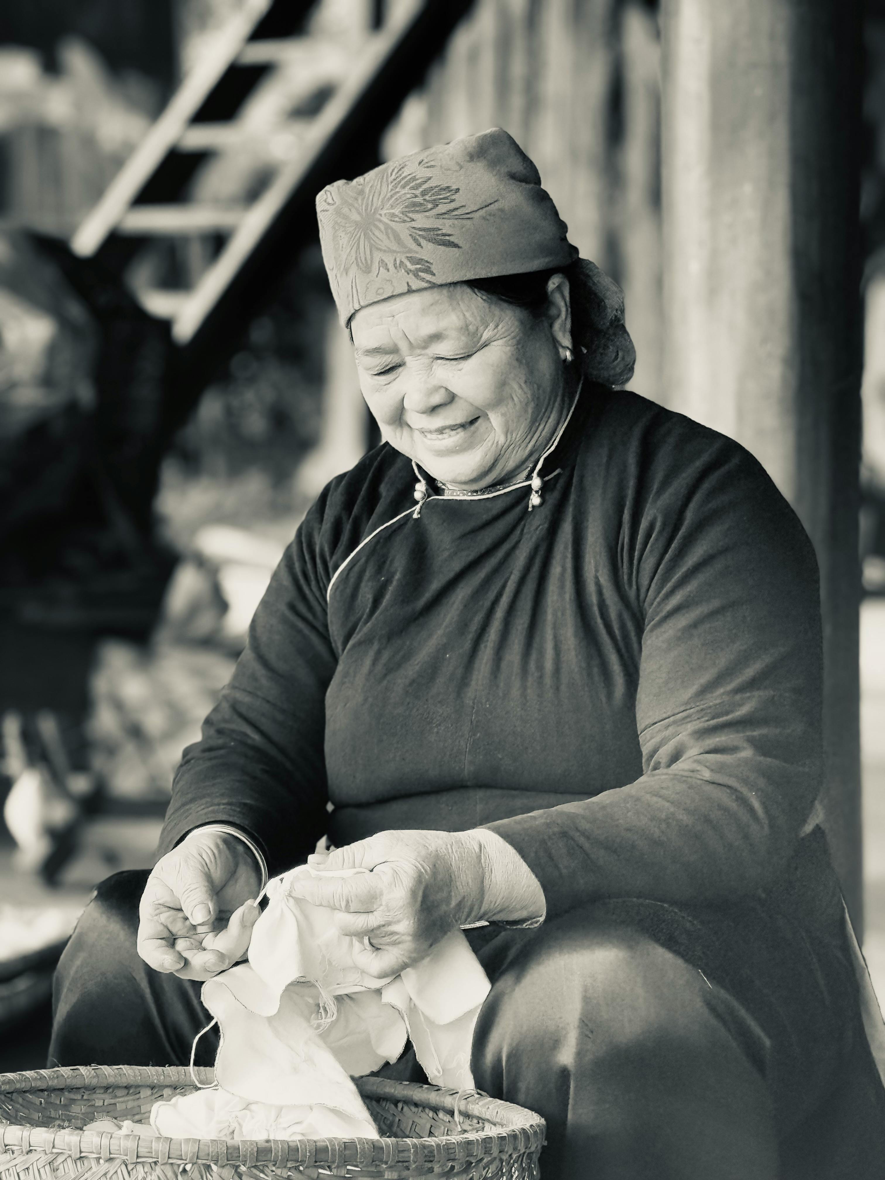 Elderly Woman Hand Sewing