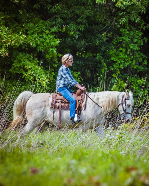 Woman Horseback Riding Through Meadow