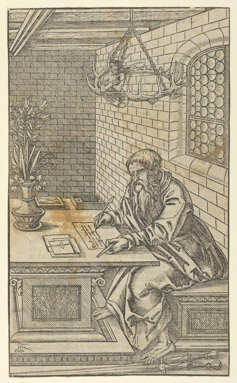 Woodcut of Scribe Writing at Desk