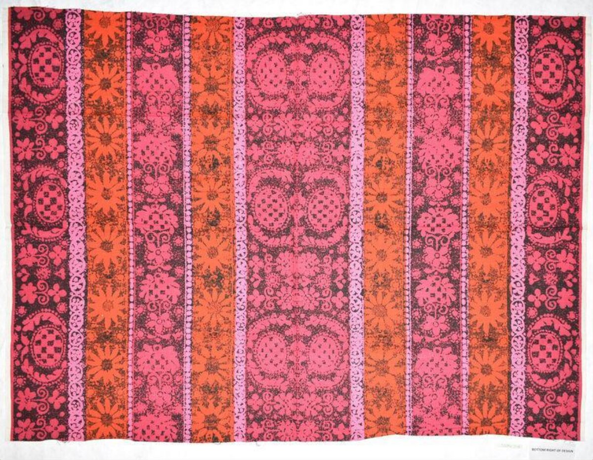 Vintage Pink Orange Striped Floral Textile