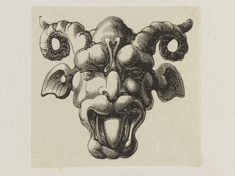 Grotesque Ram Horned Mask Engraving