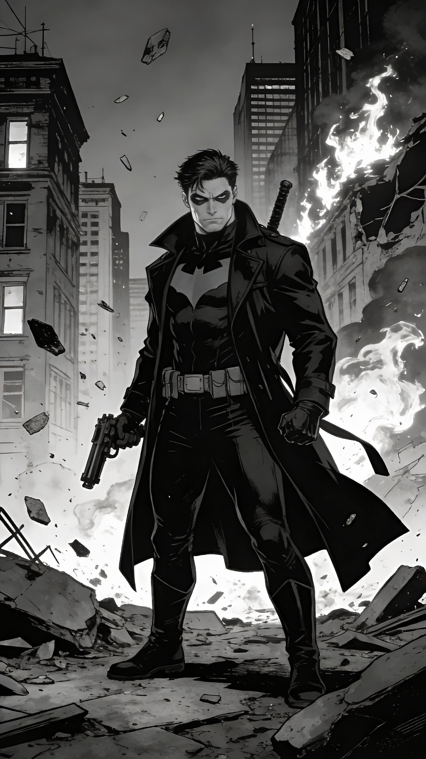 Masked Vigilante in Destroyed Burning City
