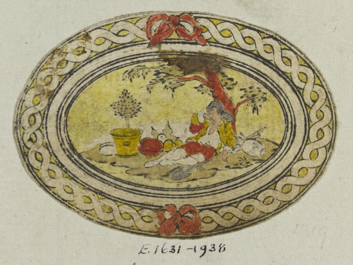 Oval Hand Colored Picnic Scene Drawing