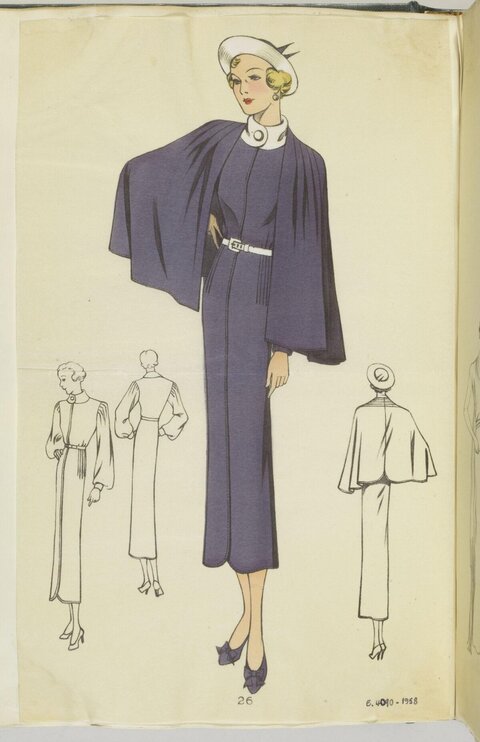 Vintage Purple Cape Dress Fashion Sketch
