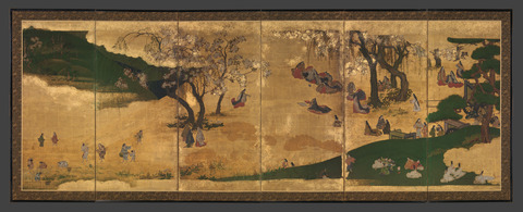 Japanese Cherry Blossom Viewing Screen Painting
