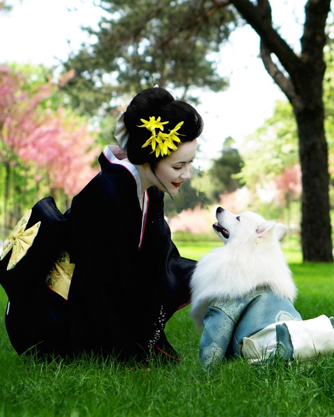 Woman and Dog in Kimono in Park