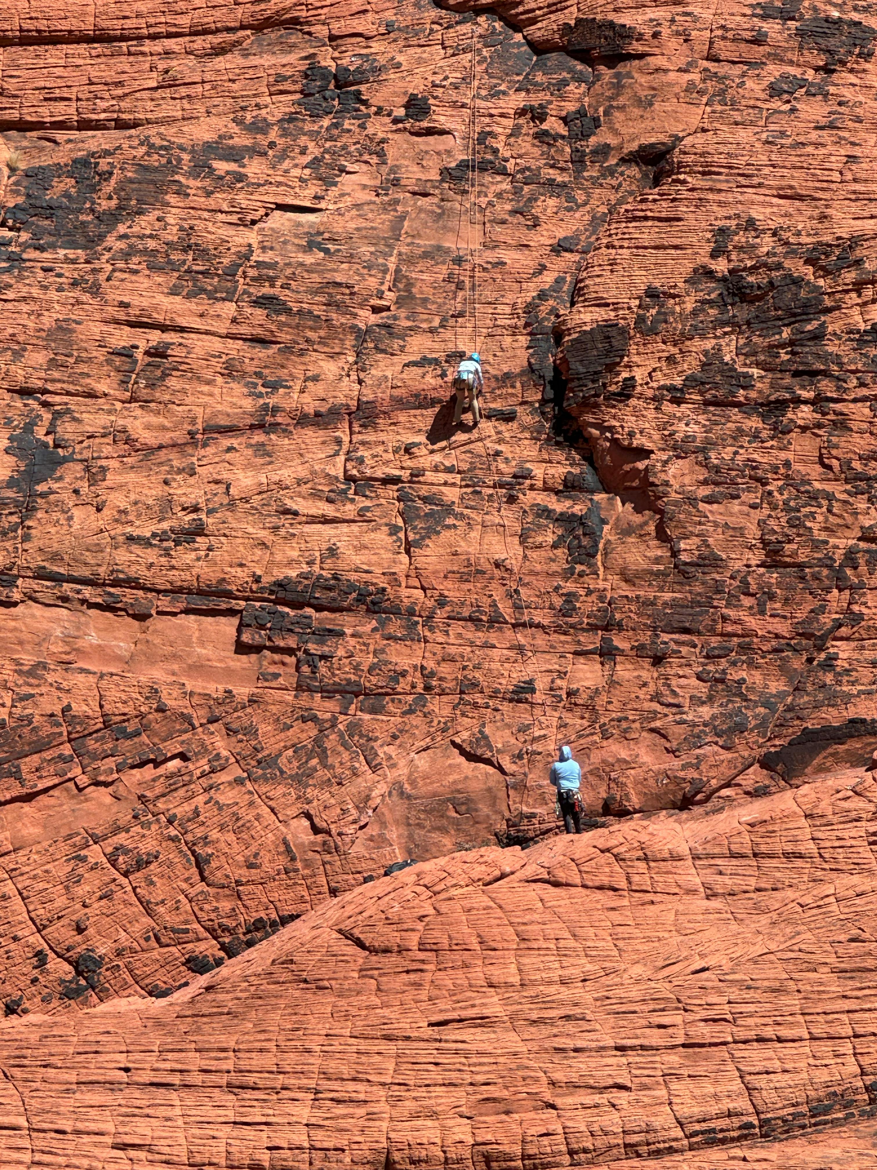 Two Rock Climbers on Red Sandstone Cliff