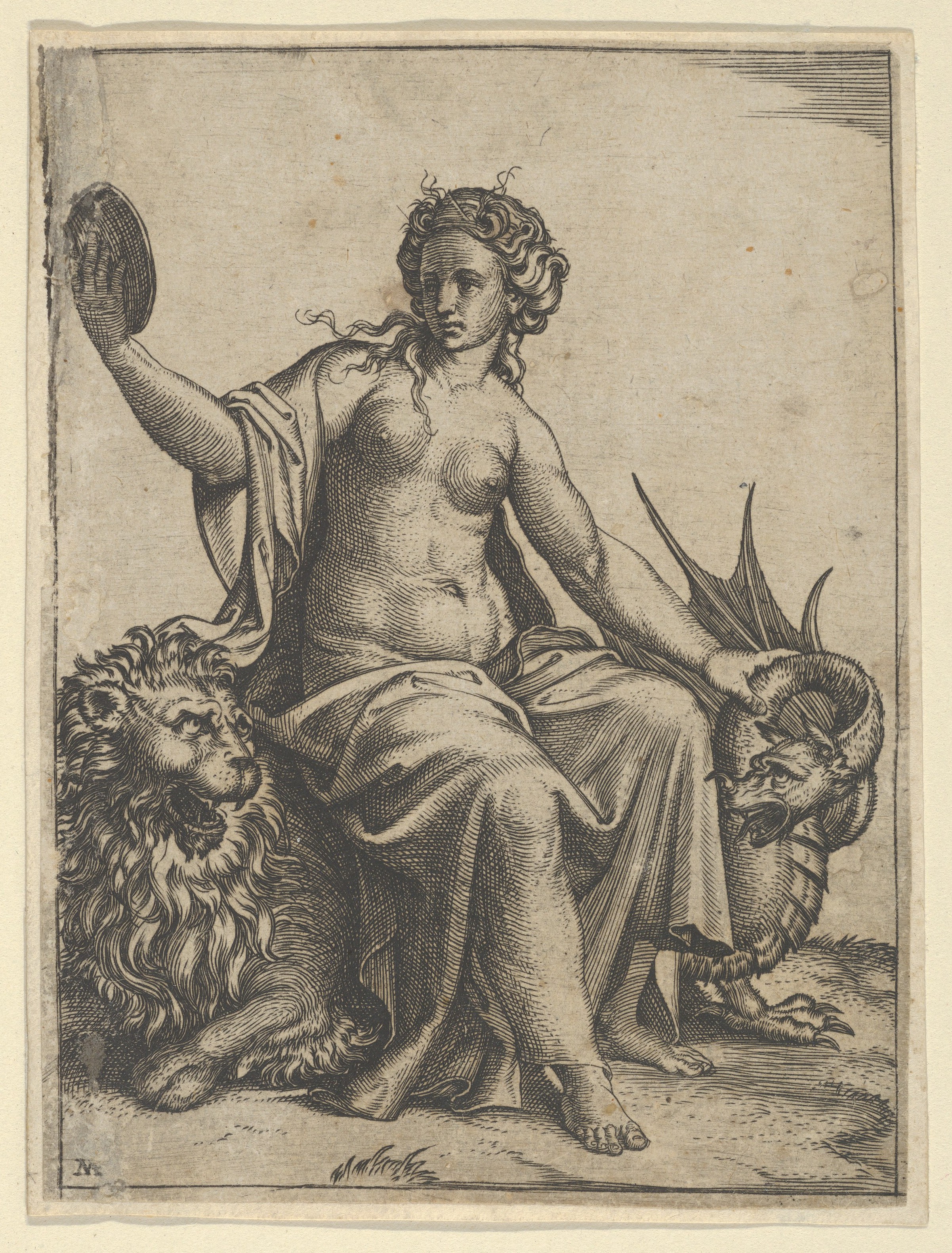 Engraving of Goddess With Lion and Dragon