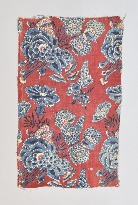 Vintage Red Blue Floral Printed Fabric Fragment