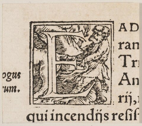Woodcut Decorated Initial H with Man