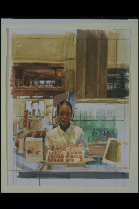 Watercolor of Cosmetics Counter Clerk